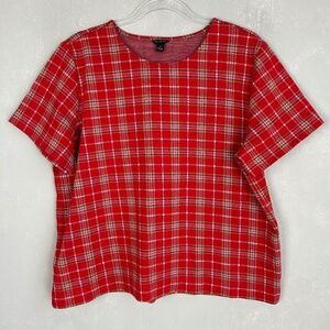 Ann Taylor size XL short sleeve top knit red plaid holiday fall Christmas cotton